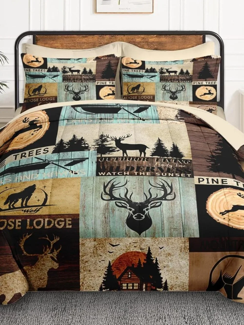 7 Pcs Queen Size Comforter Set with 2 Pillowcases & 2 Shams, Bear Wolf Tree Wood